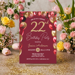 Invitación Fiesta de cumpleaños 22 sorpresa dorado burdeos br
