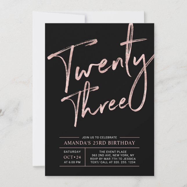 Invitación Fiesta de cumpleaños 23 con letra de pincel modern (Anverso)