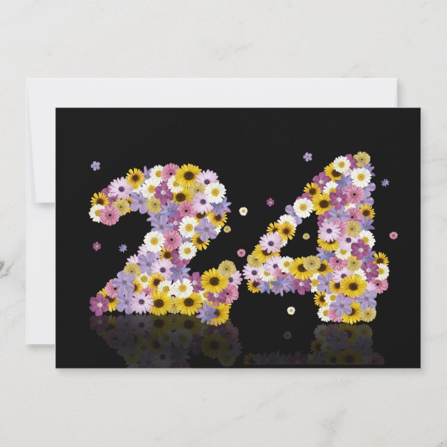 Invitación Fiesta de cumpleaños 24, con letras con flores (Anverso)