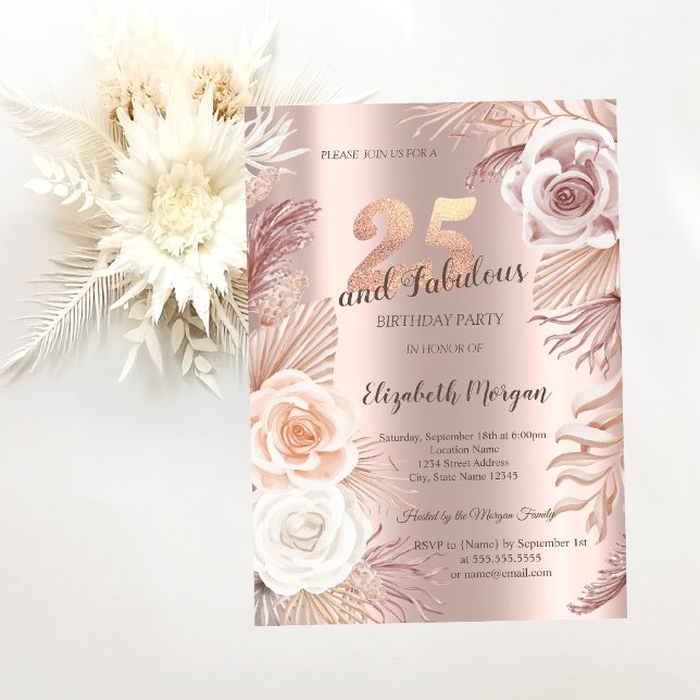 Invitación Fiesta de Cumpleaños 25 Boho Flores Rosa Dorado (Subido por el creador)