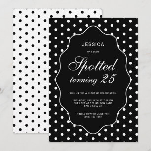 Invitación Fiesta de cumpleaños 25 Chic negra con lunares