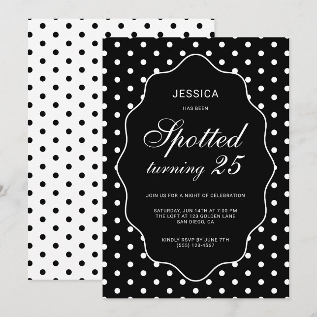 Invitación Fiesta de cumpleaños 25 Chic negra con lunares (Anverso / Reverso)
