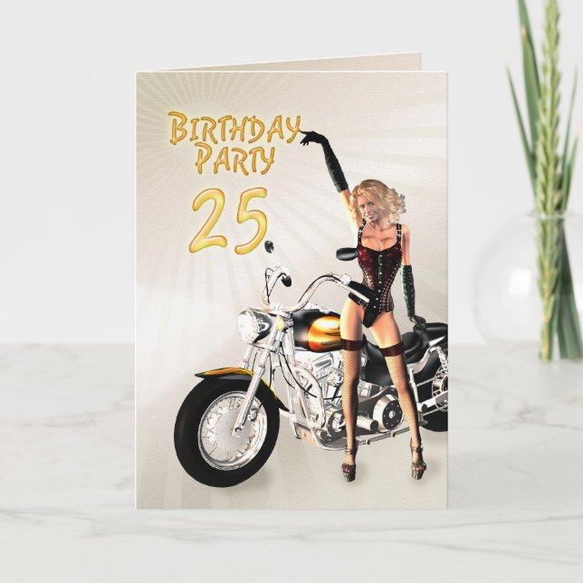 Invitación Fiesta de cumpleaños 25 con chica y moto (Anverso)