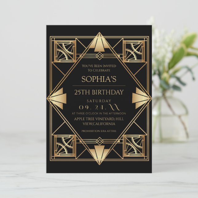 Invitación Fiesta de cumpleaños 25 de Gatsby Art Deco Black (Anverso de pie)