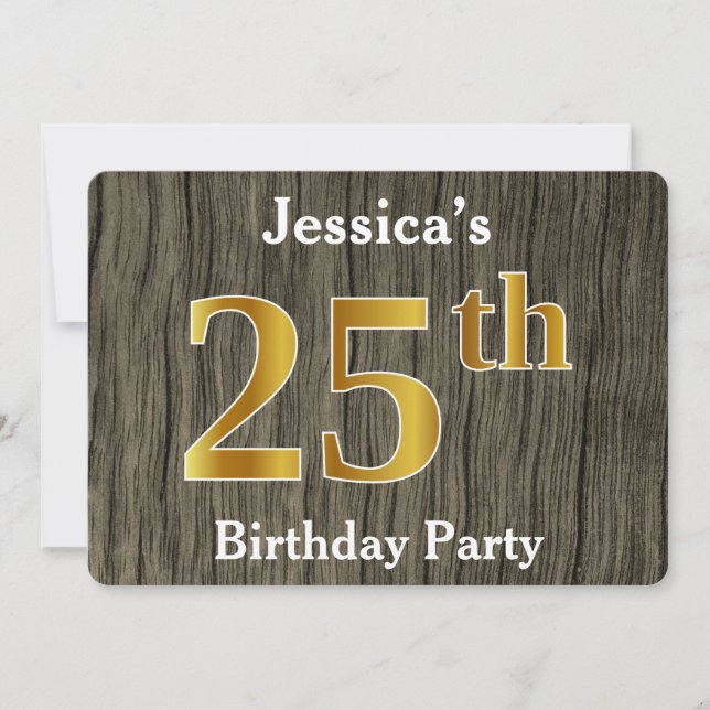 Invitación Fiesta de cumpleaños 25 de Rustic, Faux Gold; nomb (Anverso)
