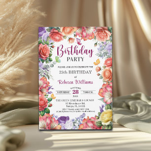 Invitación Fiesta de cumpleaños 25 elegante floral colorida