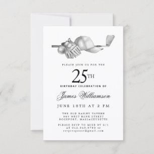 Invitación Fiesta de cumpleaños 25 elegante negro blanco golf