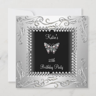Invitación Fiesta de cumpleaños 25 Mariposa negra Plata Negro