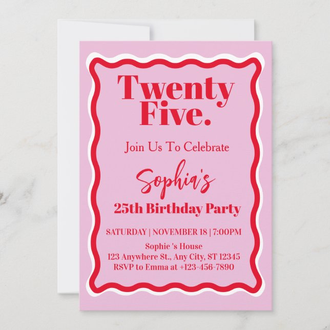 Invitación Fiesta de cumpleaños 25 Modern Pink Red Wave Curve (Anverso)