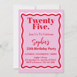 Invitación Fiesta de cumpleaños 25 Modern Pink Red Wave Curve