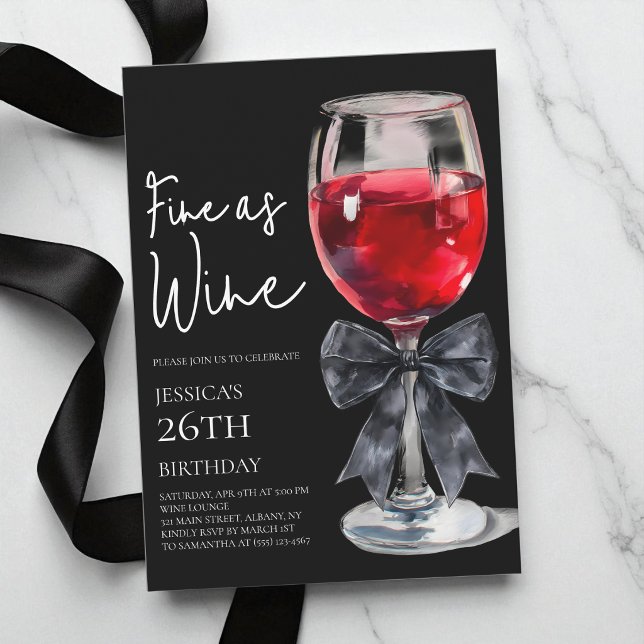 Invitación Fiesta de cumpleaños 26 Chic Black Bow Fine as Win (Chic Black Bow Fine as Wine 26th Birthday Party Invitation)