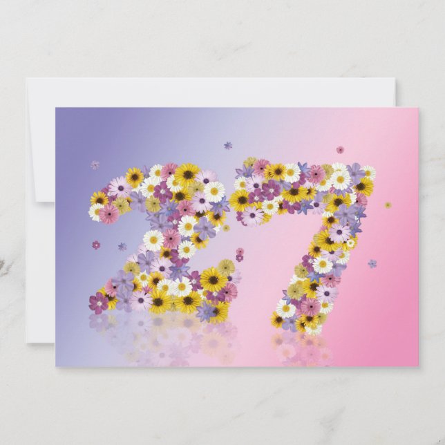 Invitación Fiesta de cumpleaños 27, con letras con flores (Anverso)