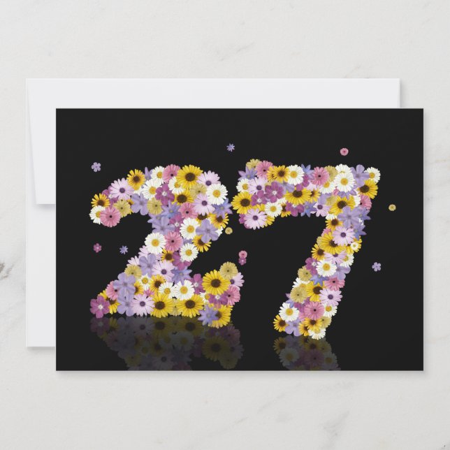 Invitación Fiesta de cumpleaños 27, con letras con flores (Anverso)