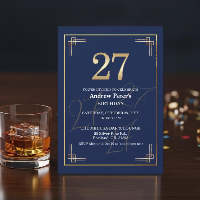 Invitación Fiesta de cumpleaños 27 elegante azul oro (Subido por el creador)
