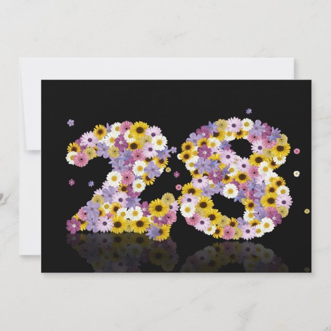 Invitación Fiesta de cumpleaños 28, con letras floridas (Anverso)