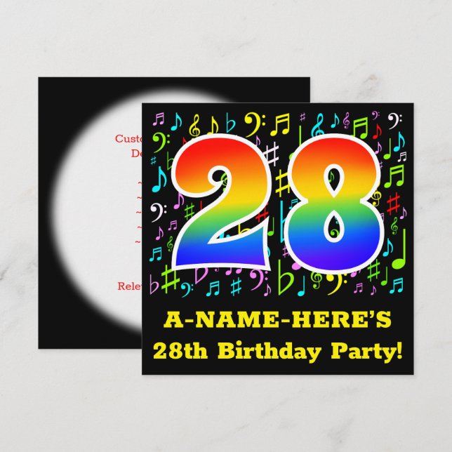 Invitación Fiesta de cumpleaños 28: Símbolos musicales divert (Anverso / Reverso)