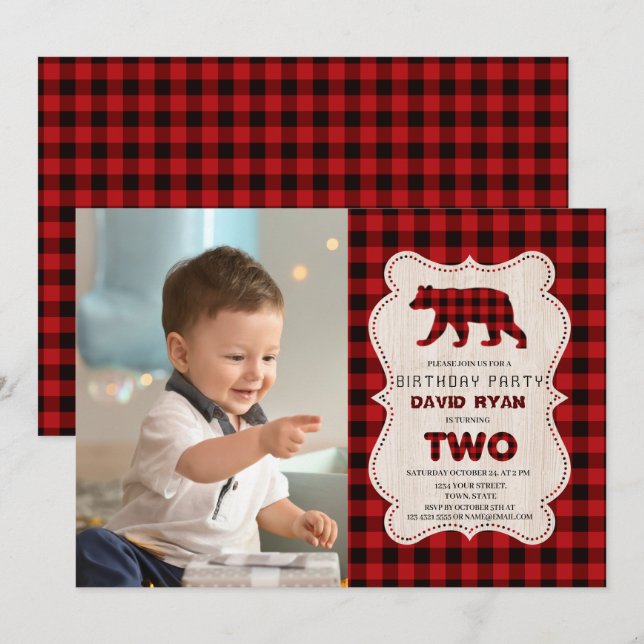 Invitación Fiesta de cumpleaños 2.ª foto de Red Buffalo Lumbe (Anverso / Reverso)
