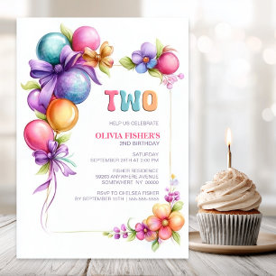 Invitación Fiesta de cumpleaños 2 años con globos y lazos de 