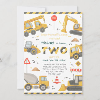 Invitación Fiesta de cumpleaños 2 años Construcción Acuarela 