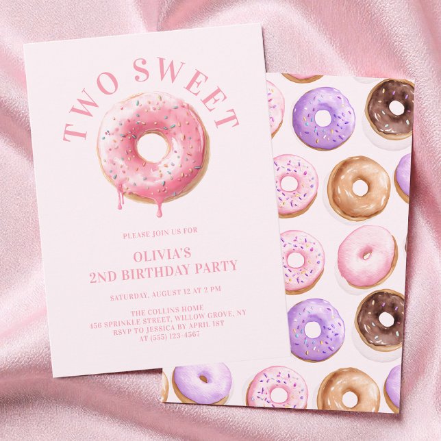 Invitación Fiesta de cumpleaños 2 años de niñas con donas ros (Pink Donuts Girls Two Sweet 2nd Birthday Party Invitation)