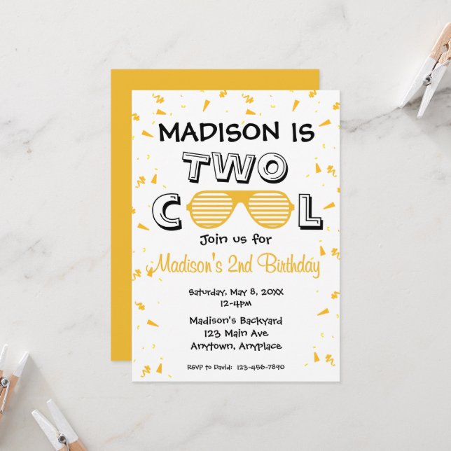Invitación Fiesta de cumpleaños 2 de TWO Cool Sunglass (Anverso/Reverso In Situ)