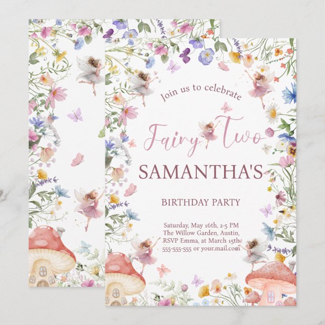 Invitación Fiesta de cumpleaños 2 del jardín de hadas de flor (Anverso / Reverso)