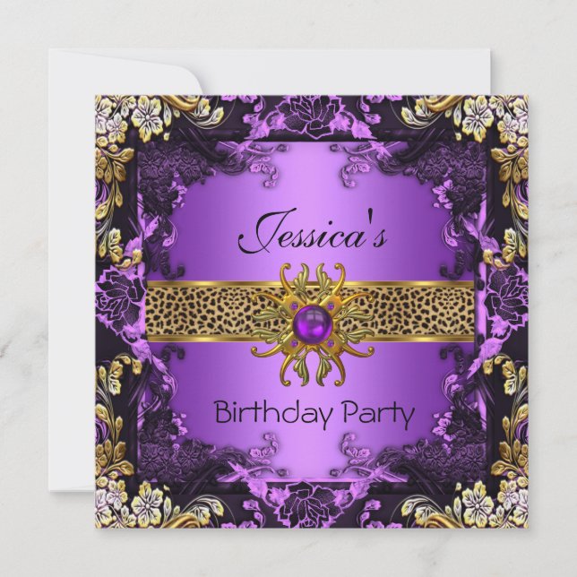 Invitación Fiesta de cumpleaños 2 del Purple Gold Black Leopa (Anverso)