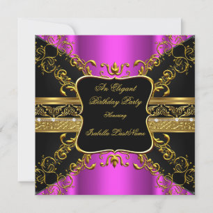 Invitación Fiesta de Cumpleaños 2 Rosa Brillante Dorado Negro