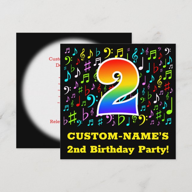 Invitación fiesta de cumpleaños 2: Símbolos musicales diverti (Anverso / Reverso)