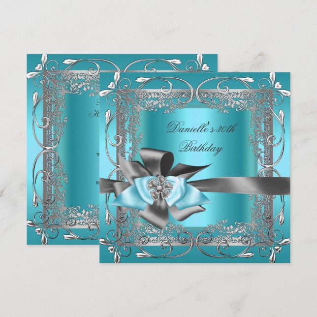 Invitación Fiesta de Cumpleaños 30º Azul Turquesa Gris Platea (Anverso / Reverso)