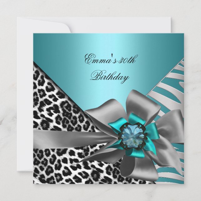 Invitación Fiesta de Cumpleaños 30º Cebra Leopardo Azul Teal  (Anverso)