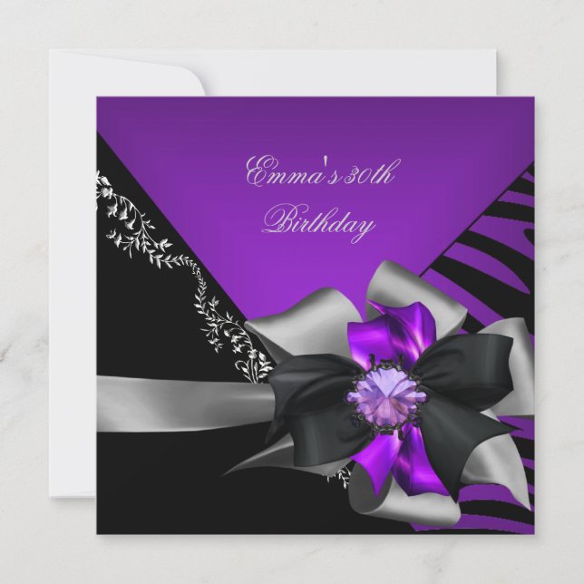 Invitación Fiesta de Cumpleaños 30º Cebra Morado Negro Plata  (Anverso)
