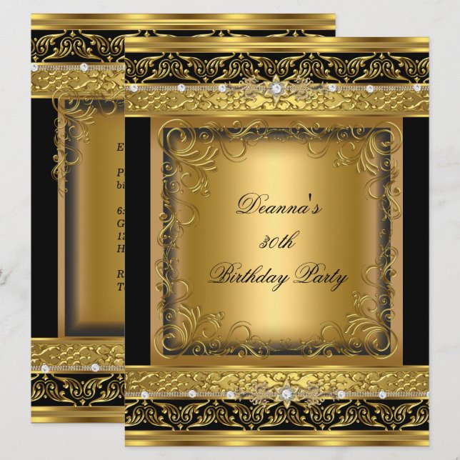 Invitación Fiesta de Cumpleaños 30º Diamante Negro Oro Metáli (Anverso / Reverso)