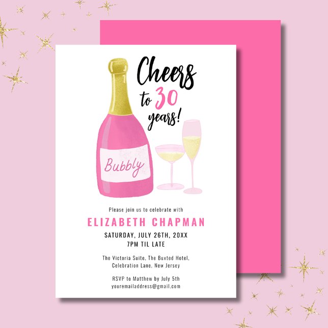 Invitación Fiesta de cumpleaños 30 años Cheers rosa espumoso (Cheers to 30 years pink champagne  30th birthday invitation.  Full 30th birthday party range.)