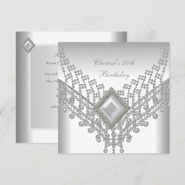 Invitación Fiesta de cumpleaños 30 años joya perla blanca dia (Anverso / Reverso)