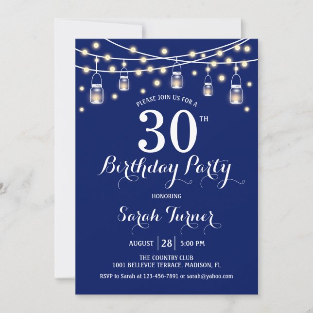 Invitación fiesta de cumpleaños 30 - Azul marino (Anverso)