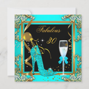 Invitación Fiesta de cumpleaños 30 azul turquesa dorado fabul