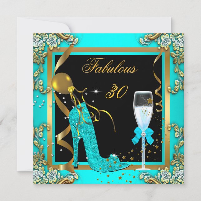 Invitación Fiesta de cumpleaños 30 azul turquesa dorado fabul (Anverso)