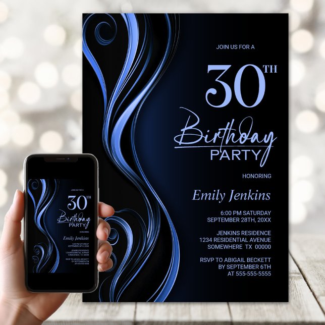 Invitación Fiesta de cumpleaños 30 Black Blue moderno (Subido por el creador)
