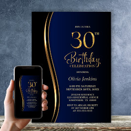 Invitación Fiesta de cumpleaños 30 Black Gold Blue