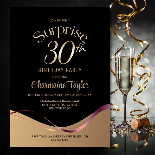 Invitación Fiesta de cumpleaños 30 Black Gold Surprise (Subido por el creador)