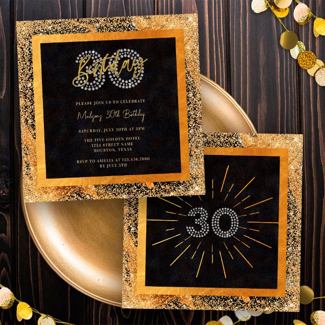 Invitación Fiesta de Cumpleaños 30 Chic Brillo Negro y Dorado (Front / Back)