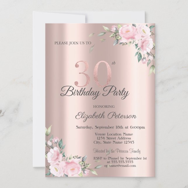 Invitación Fiesta de Cumpleaños 30 Chic Rosa Floral Rosa Dora (Anverso)
