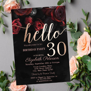 Invitación Fiesta de Cumpleaños 30 Chic Rosas Rojas Negras