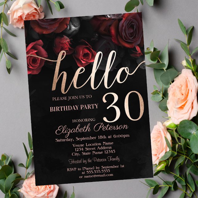 Invitación Fiesta de Cumpleaños 30 Chic Rosas Rojas Negras (Subido por el creador)