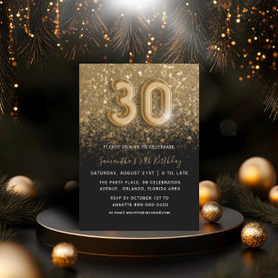 Invitación Fiesta de cumpleaños 30 con brillo dorado y negro