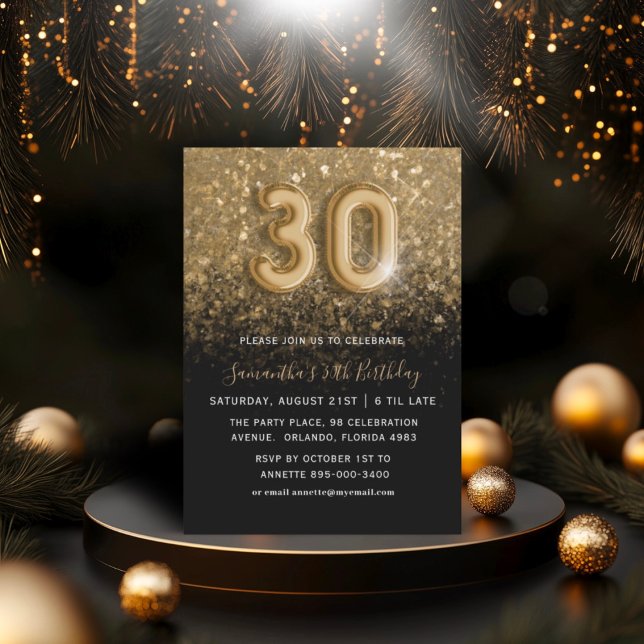Invitación Fiesta de cumpleaños 30 con brillo dorado y negro (Subido por el creador)