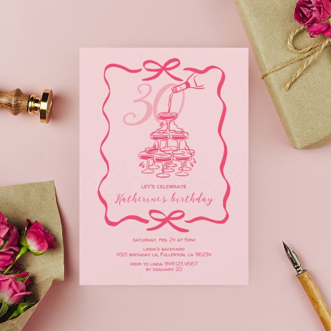 Invitación Fiesta de cumpleaños 30 con champán rosa dibujado  (Subido por el creador)