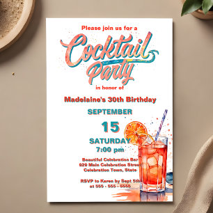 Invitación Fiesta de cumpleaños 30 con cóctel de acuarela Cor