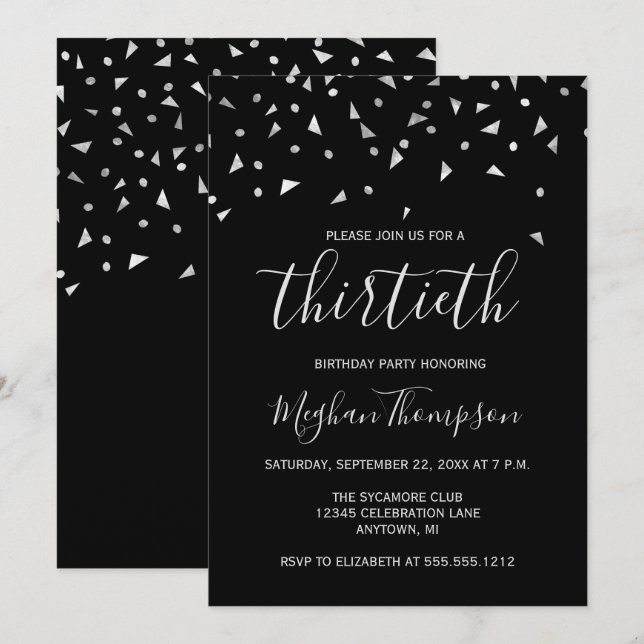 Invitación Fiesta de cumpleaños 30 con confeti plateado sobre (Anverso / Reverso)